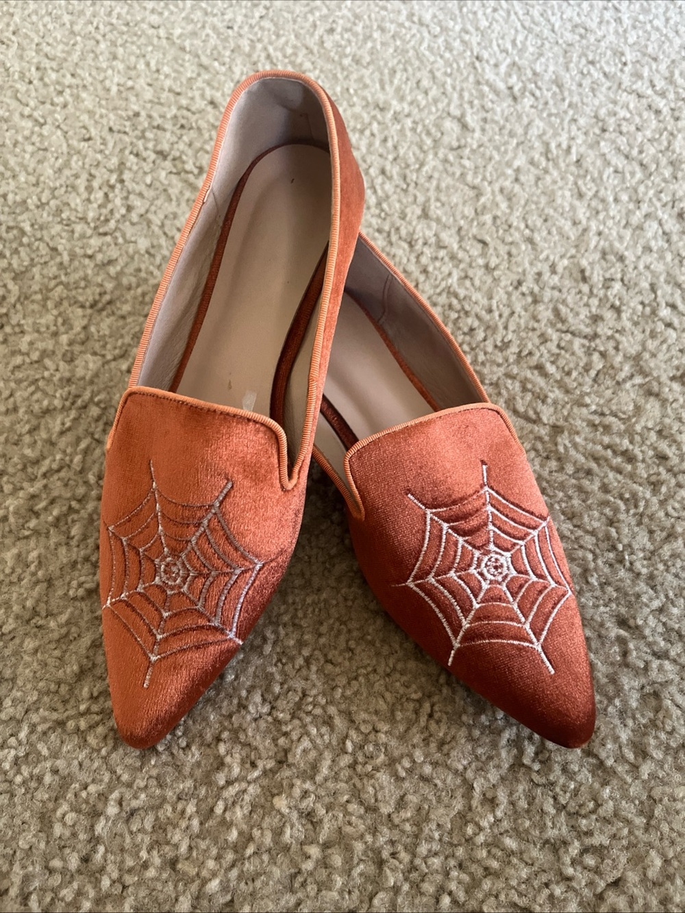 Pointed Velvet Slip-On Flats with Silver Spiderweb Embroidery - Orange